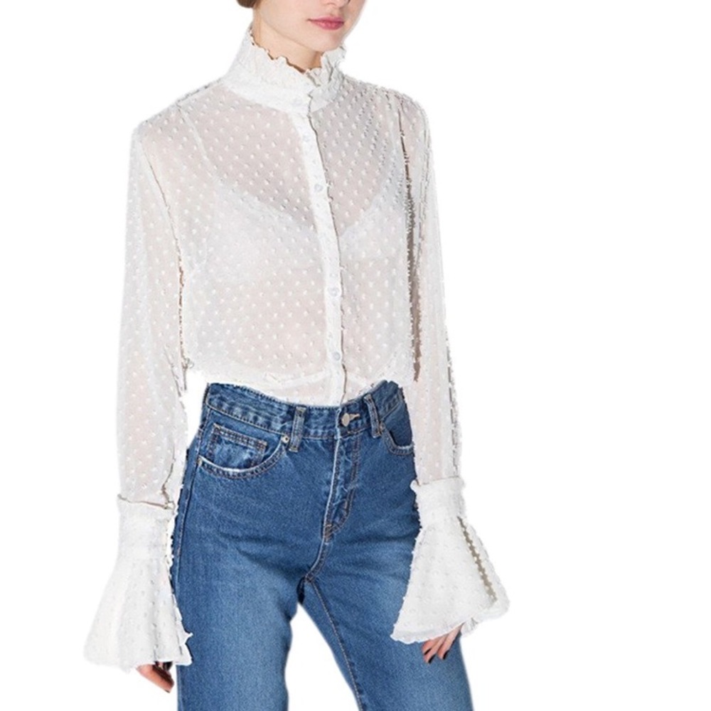 victorian high neck ruffle sleeve sheer blouse S